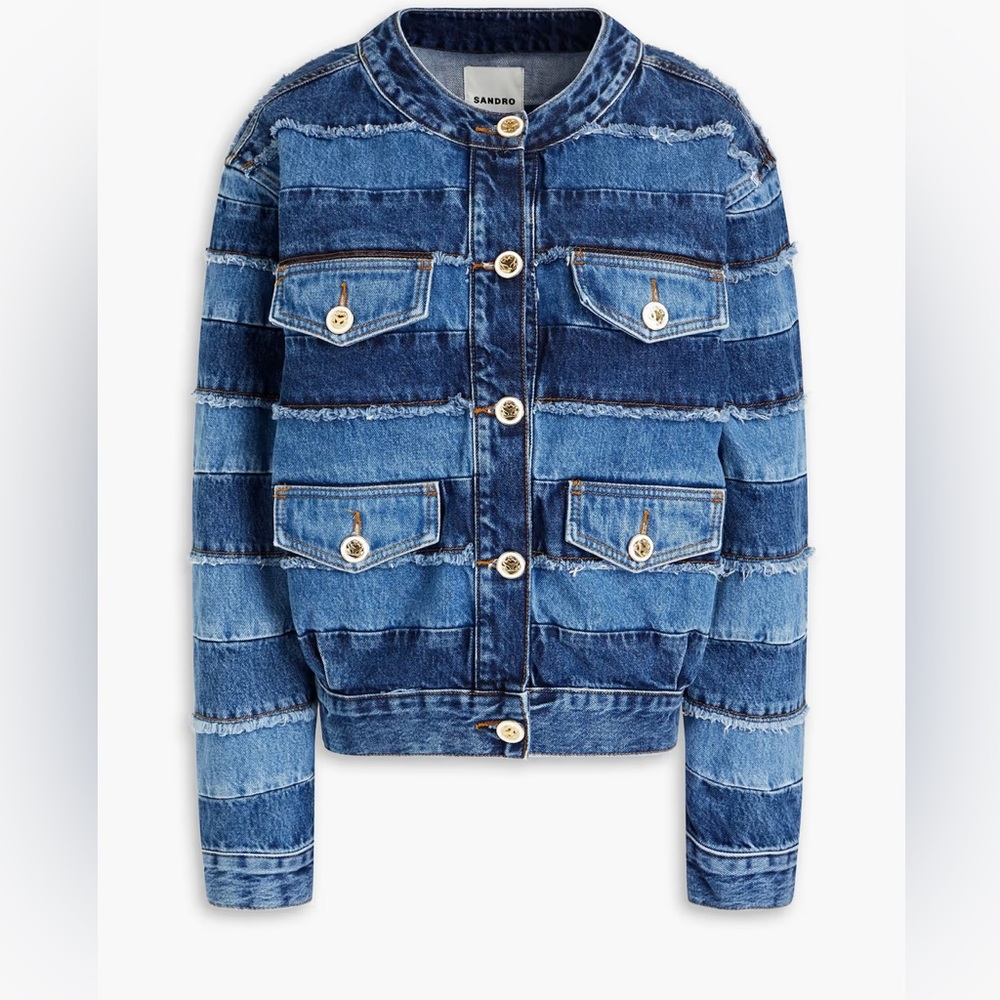 BNWT Sandro Blue Faded Patchwork Denim Jacket - Size 38